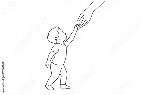 Child reaching for adult hand in simple line art style
