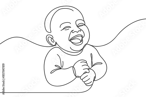 Joyful baby laughing with eyes closed in a continuous line drawing style