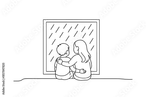 Two children embracing while watching rain fall outside the window