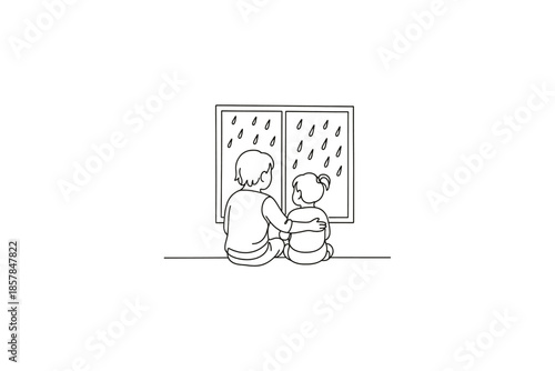 Two children watching rain through a window, one with an arm around the other