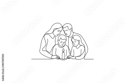 Family gathered around a single candle, a moment of reflection and togetherness