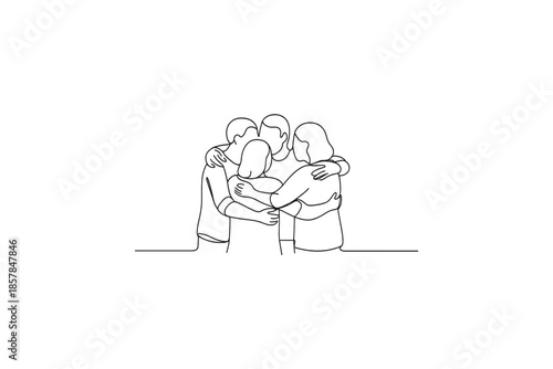 Minimalist line art of four people hugging tightly in a circle, symbolizing unity and support