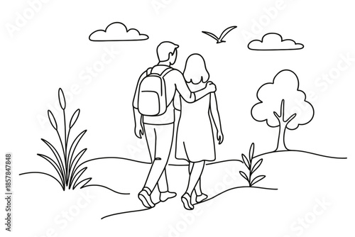 Couple walking arm in arm through a scenic landscape with a backpack