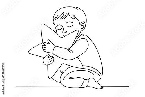 Simple line art illustration of a child sleeping and hugging a star pillow