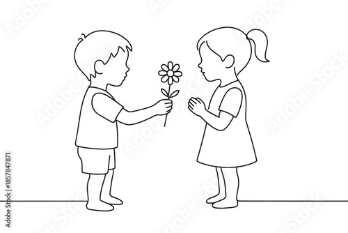 Little boy gives a flower to a little girl in a simple line drawing illustration
