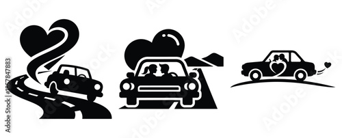 love road trip icon silhouette icon set, black color and white background
