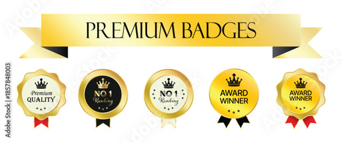 Luxury golden premium badge set with ribbon banner. Vector collection of gold award winner medals, ranking seals and quality certification labels for best product.