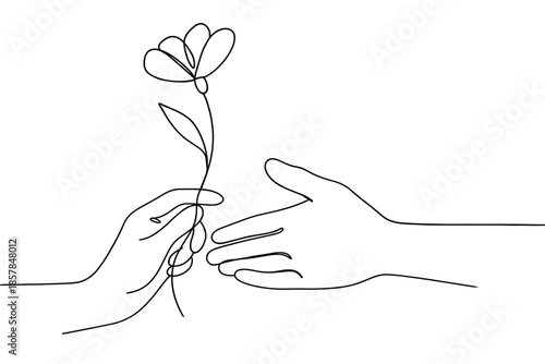 Minimalist line art of hands exchanging a single flower, symbolizing connection and care
