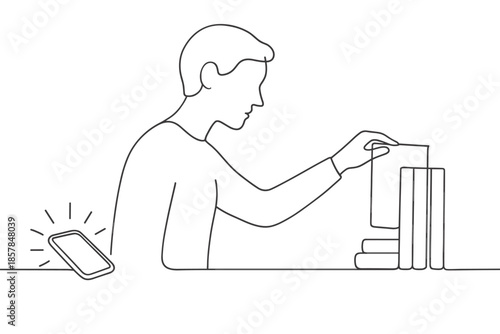 Man selecting a document from a stack of papers and books with a phone nearby