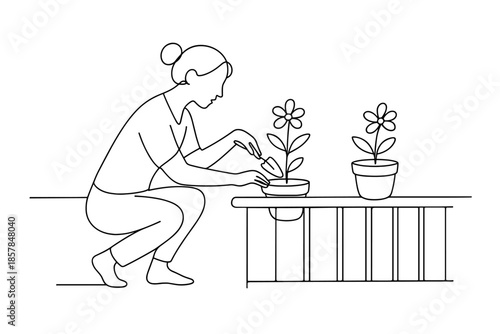 Woman tending to potted flowers on a table with a railing, line art illustration