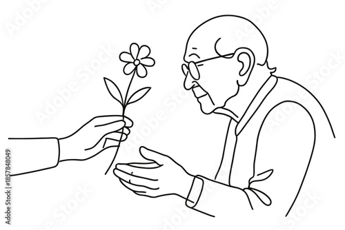 Elderly man receives a flower from a hand, a gesture of kindness and appreciation