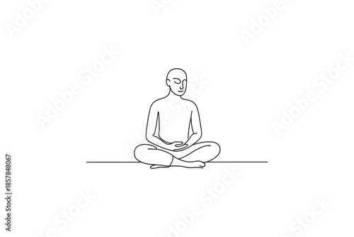 Minimalist line art of a person meditating in a lotus position on a white background