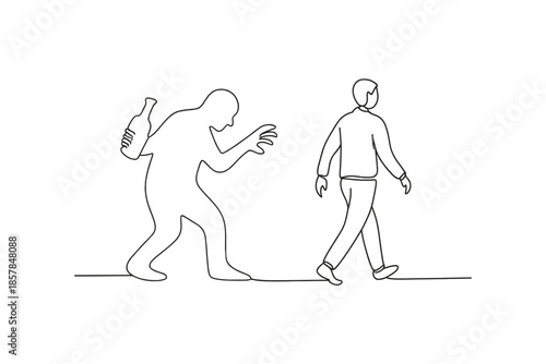 One person with a bottle approaches another person walking away, symbolizing addiction