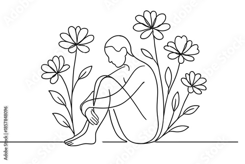 Minimalist line art of a person embracing knees surrounded by delicate flowers