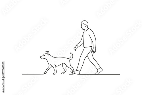 Simple line drawing of a person walking a dog on a leash outdoors