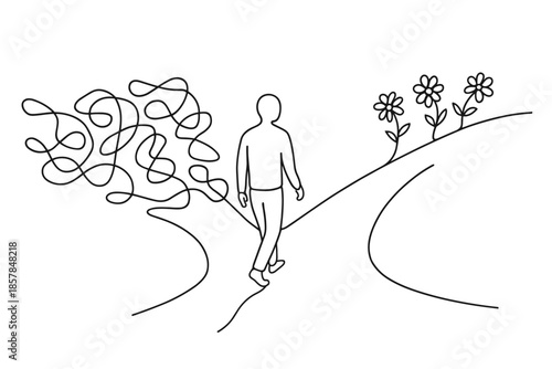 Person walking on a path from chaos to order, symbolizing a life choice