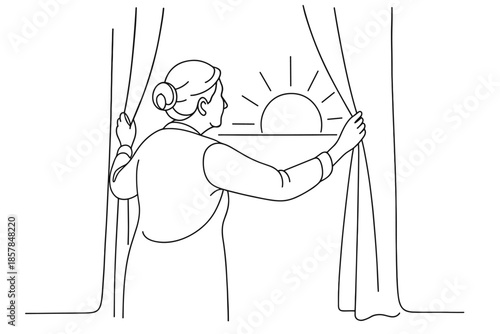 Elderly woman opens curtains to reveal a bright sunrise over the horizon