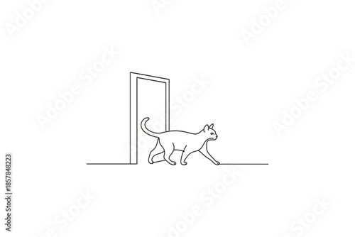 Minimalist line art of a cat walking through an open doorway on a white background