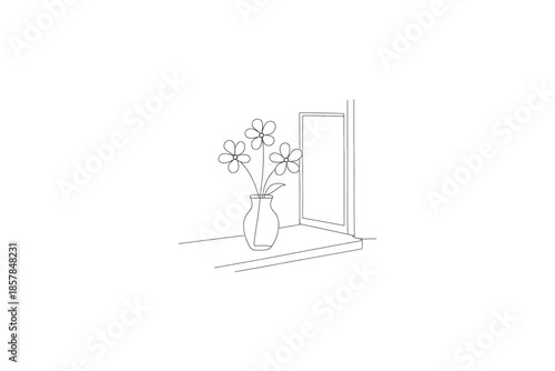 Simple line drawing of flowers in a vase on a windowsill with a window frame