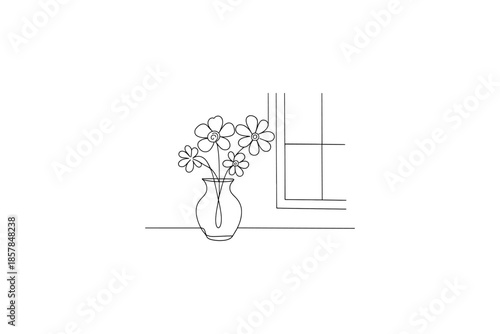 Minimalist line art of flowers in a vase on a windowsill next to a window