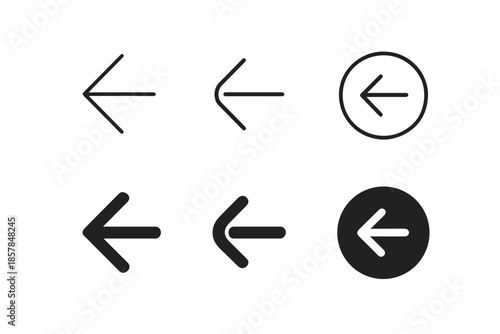 Collection of six different left arrow icons in outline and filled styles