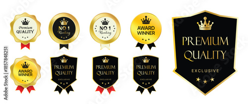 Luxury golden and black premium quality badge collection. Vector set of award winner labels, seals and exclusive certification tags with ribbons. Set of vector badges and labels.