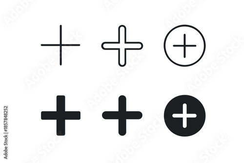 Collection of plus symbols in various styles and fills on a white background