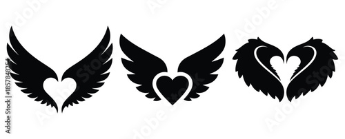 love wings silhouette icon set, black color and white background