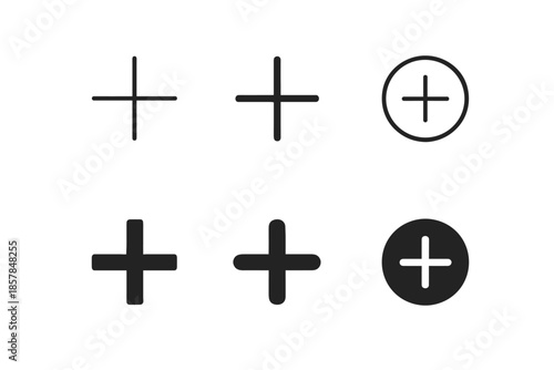 Collection of plus symbols and icons representing addition, new items, and positive actions
