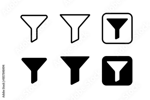 Set of funnel icons in outline and solid styles for data filtering and separation