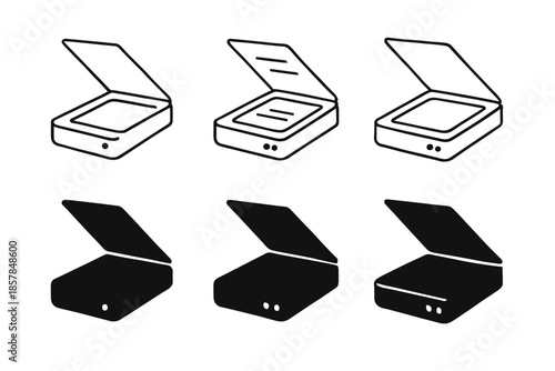 Set of flat design scanner icons, both outline and solid silhouette styles