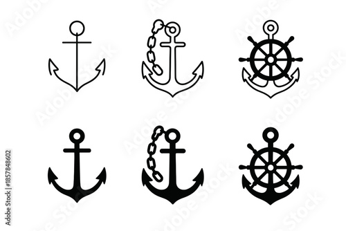 Collection of nautical anchor and ship's wheel icons in black and white