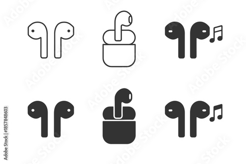 Collection of wireless earbuds icons in outline and solid styles with music note