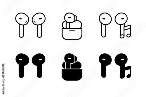 Collection of wireless earbuds icons in different styles and states