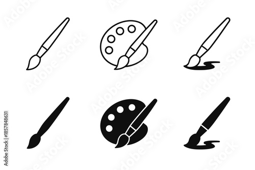 Set of six artistic icons featuring paintbrushes and palettes in outline and solid styles