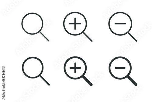 Set of simple magnifying glass icons for zoom in, zoom out, and search functions