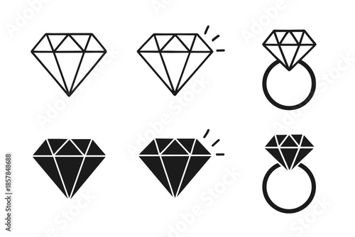 Collection of diamond icons, including a ring, in outline and solid fill styles