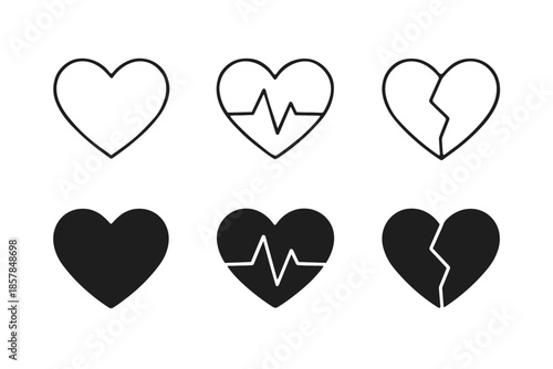 Set of heart icons representing health, love, and heartbreak in outline and solid styles