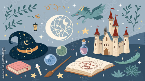 Collection of Magic Icons Including Wands, Crystal Balls, Spell Books and Wizard Hats