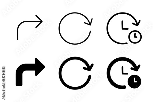 Set of six simple vector icons representing arrows and time, in outline and solid styles