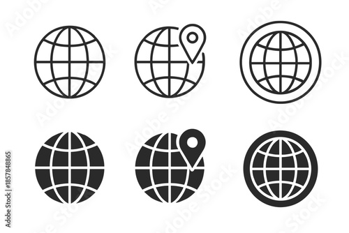 Set of globe icons with location pins and circular borders for navigation and travel