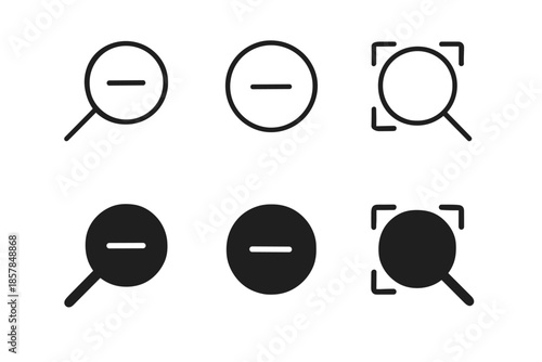 Set of zoom out and zoom in icons with different styles and variations
