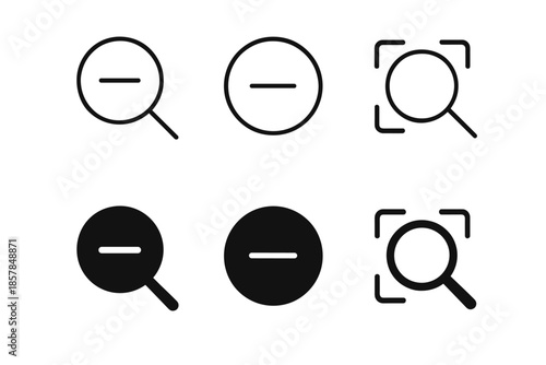 Collection of zoom out icons, both outline and filled, for digital interfaces