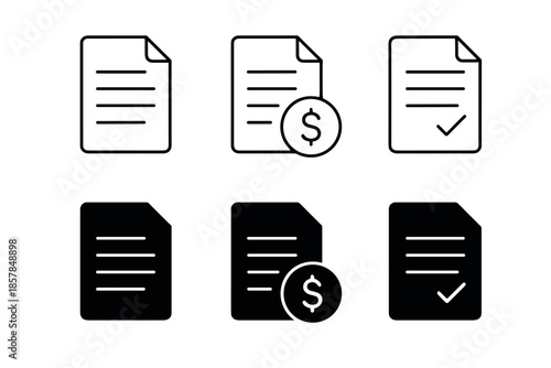 Document icons set: blank, with dollar sign, and with checkmark in outline and solid styles