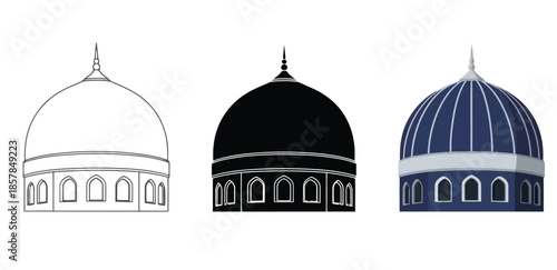 Islamic Mosque Dome in Three styles vector set line art, silhouette and color version For Ramadan, Eid and Islamic design	