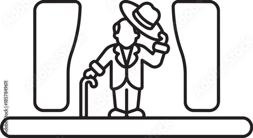 Gentleman tipping hat with cane, formal attire in line art illustration