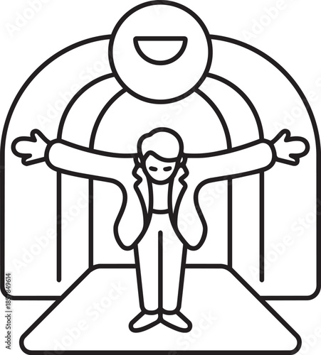 Host welcoming audience with open arms on stage with glowing archway and smiling face symbol