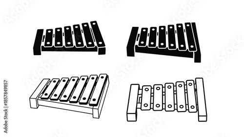 Black and white line art illustrations of various xylophone designs