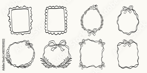 Set of whimsical rectangle, oval and round hand-drawn frames in trendy, vintage styles. Cute frames suitable for labels, logos, invitations, packaging, creative projects