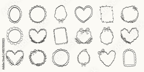 Set of whimsical rectangle, oval, heart and round hand-drawn frames in trendy, vintage styles. Cute frames suitable for labels, logos, invitations, packaging, stickers